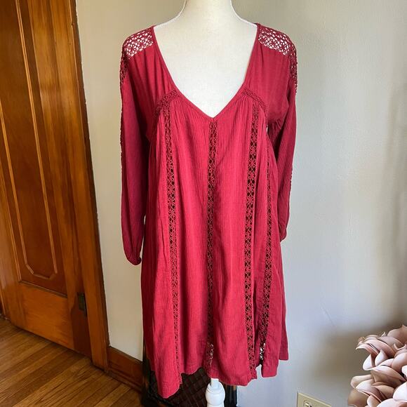 American Eagle Boho Tunic Dress Knee Length Plunge Neck Women's Size Small S Red - Picture 1 of 7